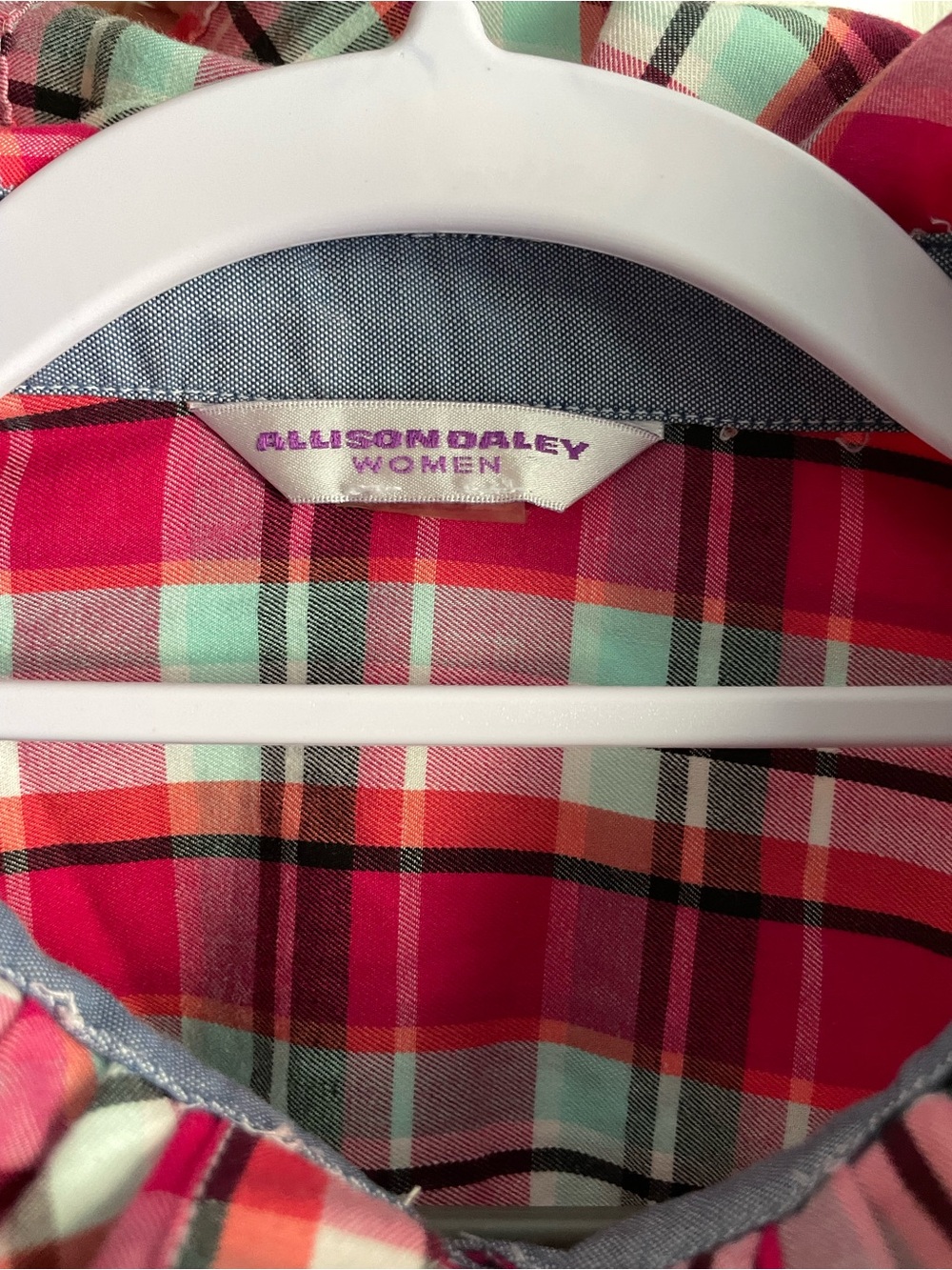 Allison Daley Pink Plaid Ruffle Collar Button-Down Shirt, Size L/XL - Picture 2 of 11